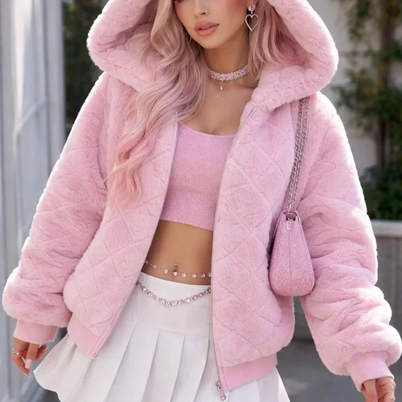Rare Y2K Forever 21 Baby Pink Faux Fur Zip Hoodie Jacket - Picture 1 of 4